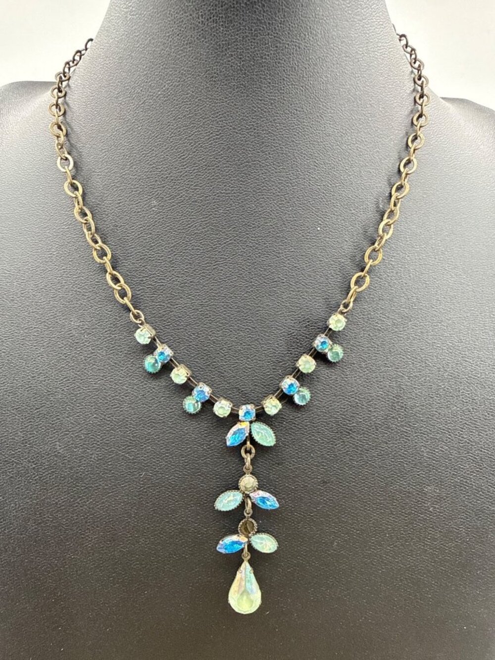 Vintage Avon Opalescent Blue Faux Opal Y-Drop Necklace Antiqued Brass Regency